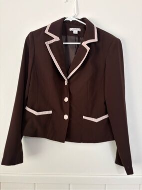dressbarn Chocolate Brown Blazer with Light Pink Trim
